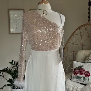 Main Strip Sequin One Shoulder Feather Jumpsuit Size S NWT